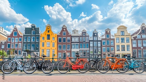 Colorful Canal Houses in Amsterdam with Bikes. photo