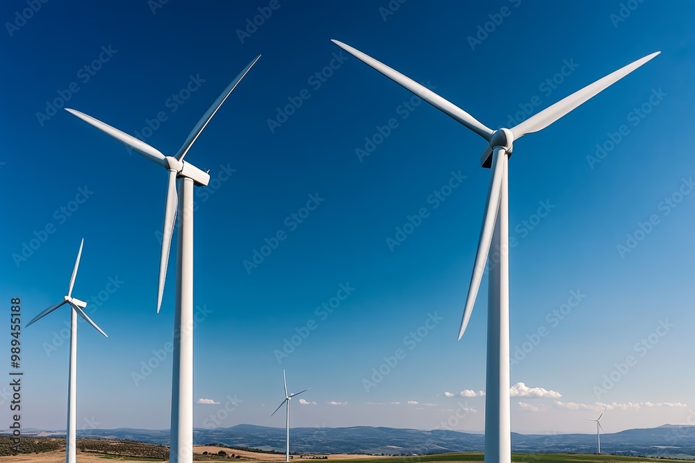 A wind farm with towering turbines turning against a clear blue sky, symbolizing clean, renewable energy generation A wind farm with towering turbines turning against a clear blue sky, symbolizing clean, renewable energy generation