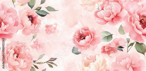 Watercolor pastel pink peonies, floral pattern, boho style