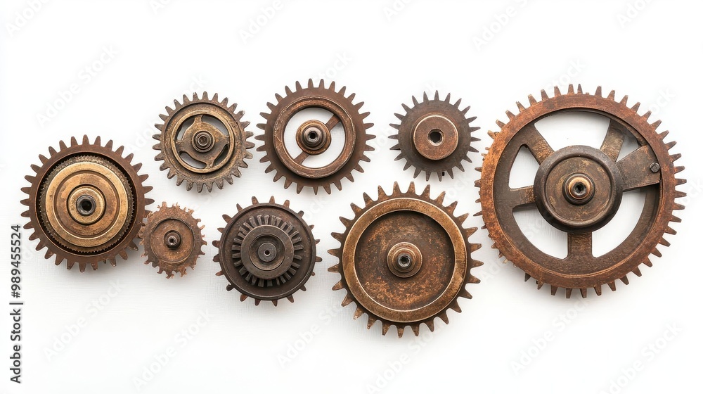 intricate assemblage of weathered brass gears and cogs showcasing the intricate mechanics of vintage machinery against a crisp white backdrop intricate assemblage of weathered brass gears and cogs showcasing the intricate mechanics of vintage machinery against a crisp white backdrop