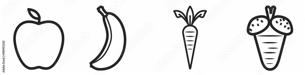A set of icons in black and white representing an apple, banana, carrot, studio lighting, and vector graphics on a transparent background with a minimalist and simple line style in the professional de A set of icons in black and white representing an apple, banana, carrot, studio lighting, and vector graphics on a transparent background with a minimalist and simple line style in the professional de