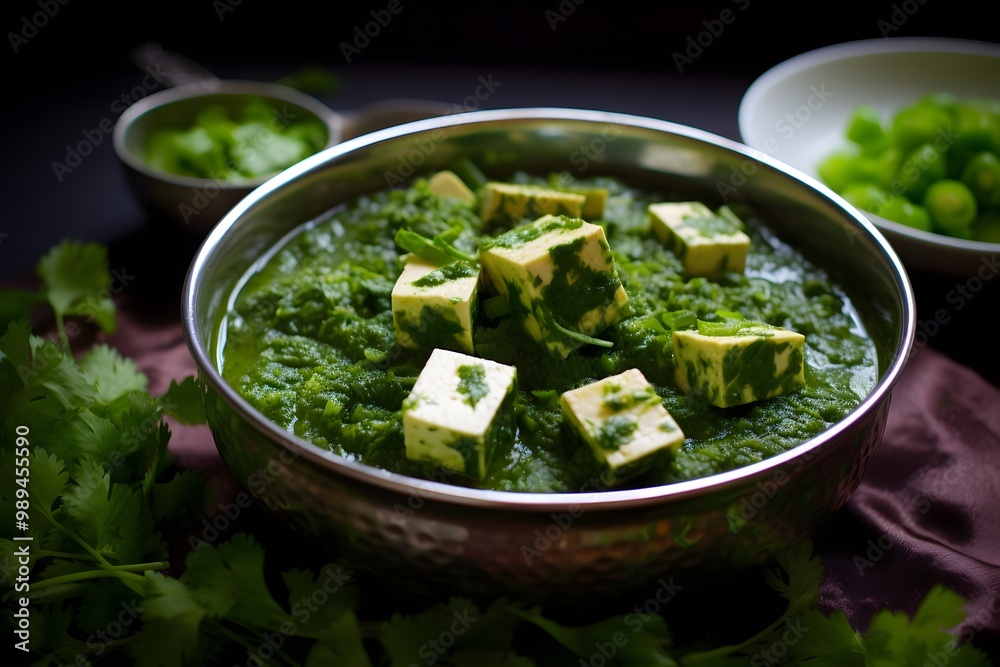 Delicious Palak Paneer with Spring Onion Garnish Delicious Palak Paneer with Spring Onion Garnish