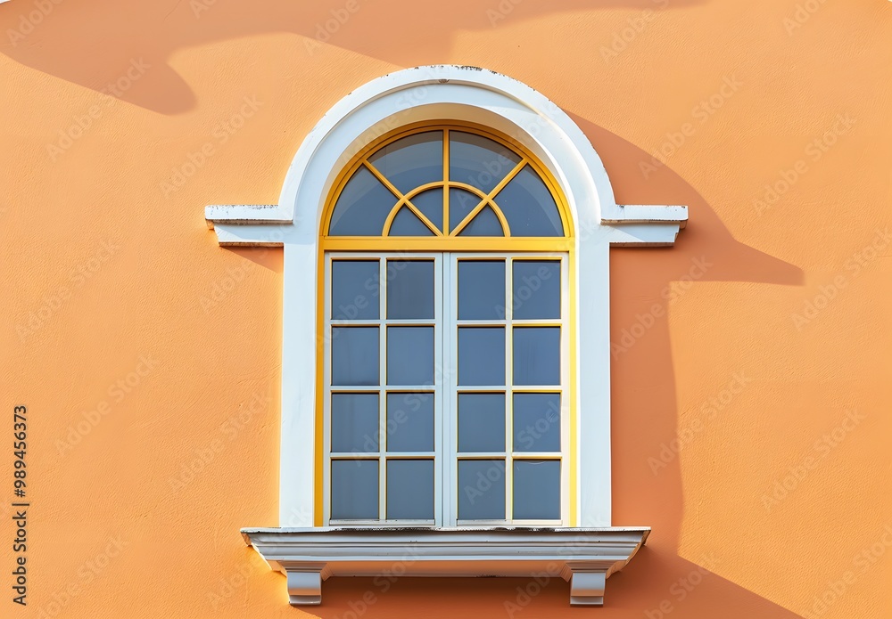 Obraz premium Arched Window on Peach Orange Wall with Yellow Trim