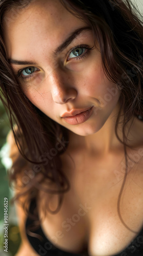 A woman with long brown hair and blue eyes