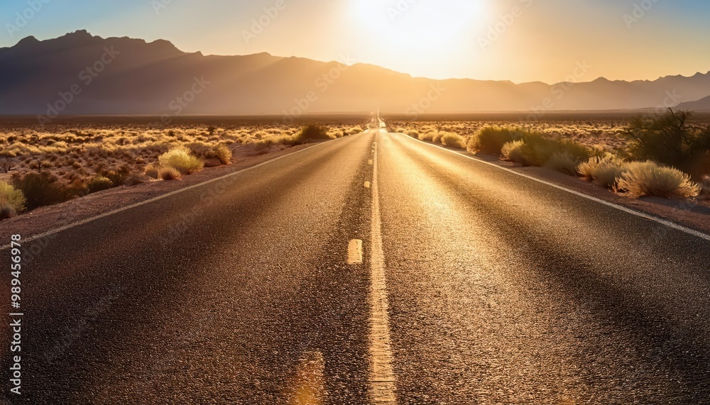 Fototapeta premium A long, straight road leads towards a distant sunset.
