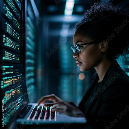 network and data center with a black woman it support engineer working in a dark server room
