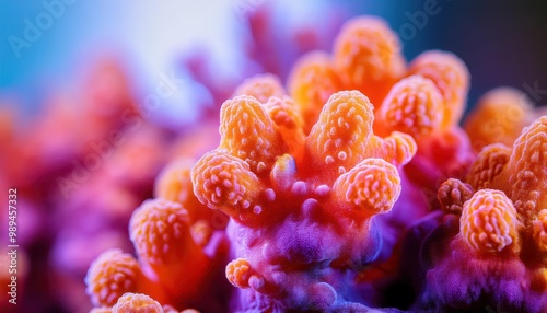 Closeup of vibrant orange and purple coral polyps. photo