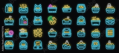 Cat litter box neon icons set vector. Toilet container for domestic animal cat, tray with and without grate for poop and pee illustration
