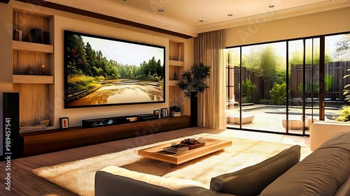 Cozy modern living room with home theater, elegant interior design featuring large screen, natural light, and open patio access