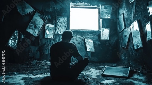 anguish captured in a dimly lit room, where someone is surrounded by shadows and fragmented mirrors