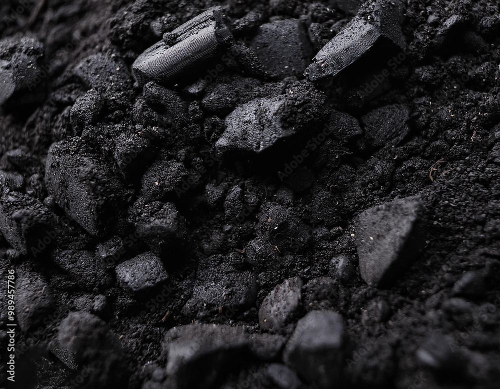 A close-up of the biochar-black soil texture reveals a dark, rich, and productive soil. A close-up of the biochar-black soil texture reveals a dark, rich, and productive soil.