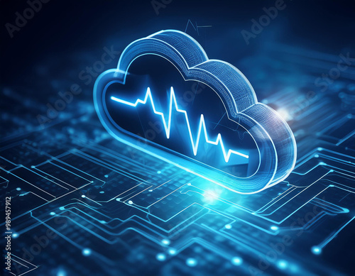 The cloud icon with a pulse on a digital background represents the security of health data in ehr systems.
