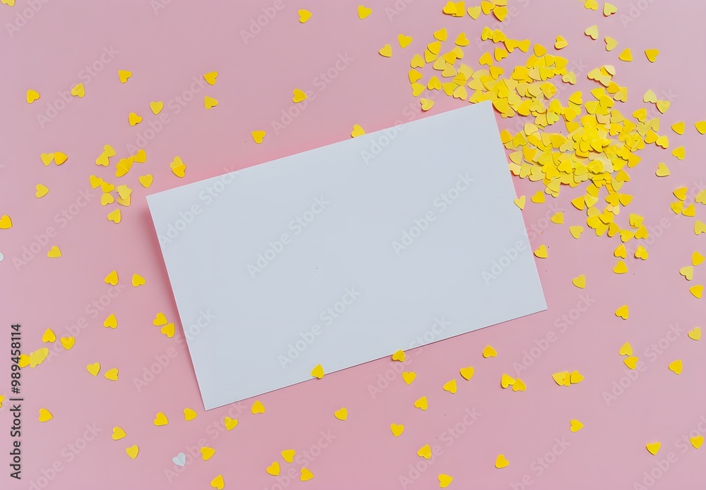 Blank White Card with Yellow Heart Confetti on Pink Background Blank White Card with Yellow Heart Confetti on Pink Background