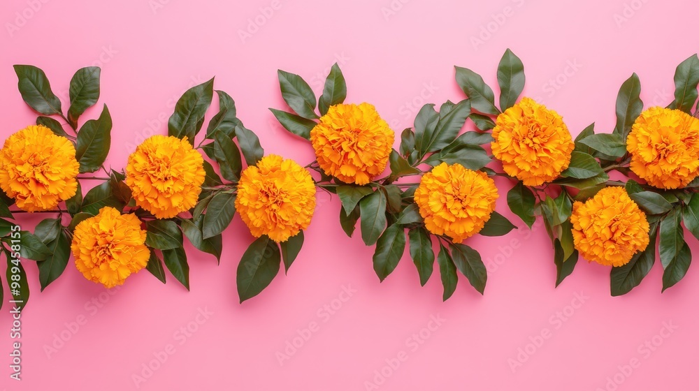 Traditional floral garland made of marigold flowers and mango leaves against a vibrant pink background Ideal decoration for festive celebrations weddings or cultural events Traditional floral garland made of marigold flowers and mango leaves against a vibrant pink background Ideal decoration for festive celebrations weddings or cultural events