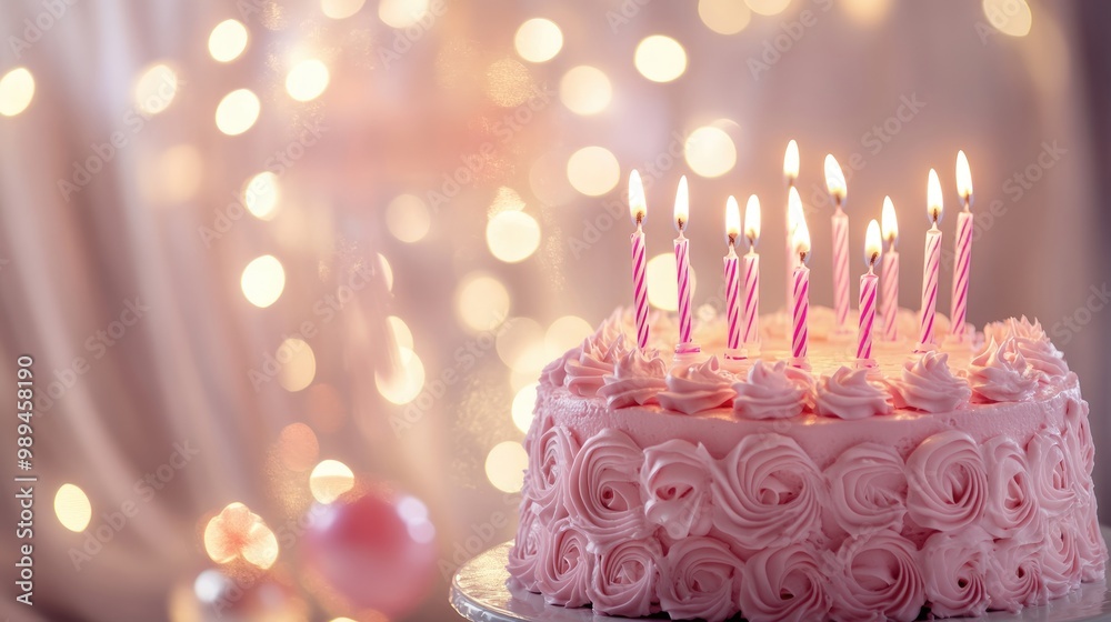 A pastel pink birthday cake adorned with candles showcased against a gentle backdrop of twinkling lights and bokeh creating an elegant and festive ambiance A pastel pink birthday cake adorned with candles showcased against a gentle backdrop of twinkling lights and bokeh creating an elegant and festive ambiance