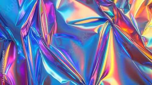 iridescent holographic plastic wrap texture shimmering with rainbow hues crinkled and stretched over a sleek album cover design modern and futuristic photo