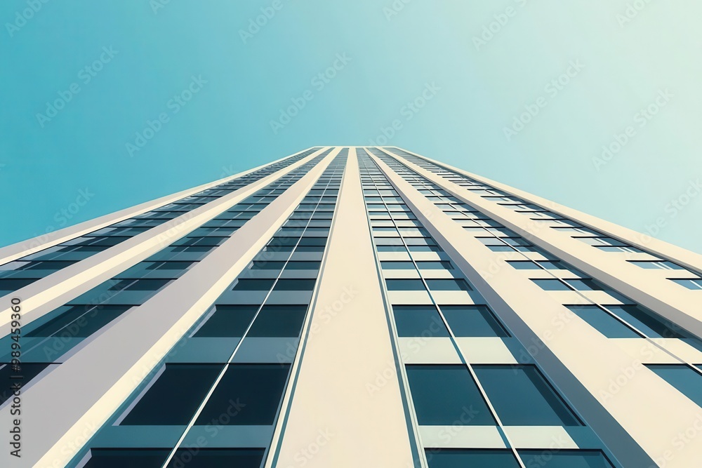 Illustrate a sleek, minimalist skyscraper at an eye-level angle, showcasing its geometric construction with precise lines and shadows Illustrate a sleek, minimalist skyscraper at an eye-level angle, showcasing its geometric construction with precise lines and shadows