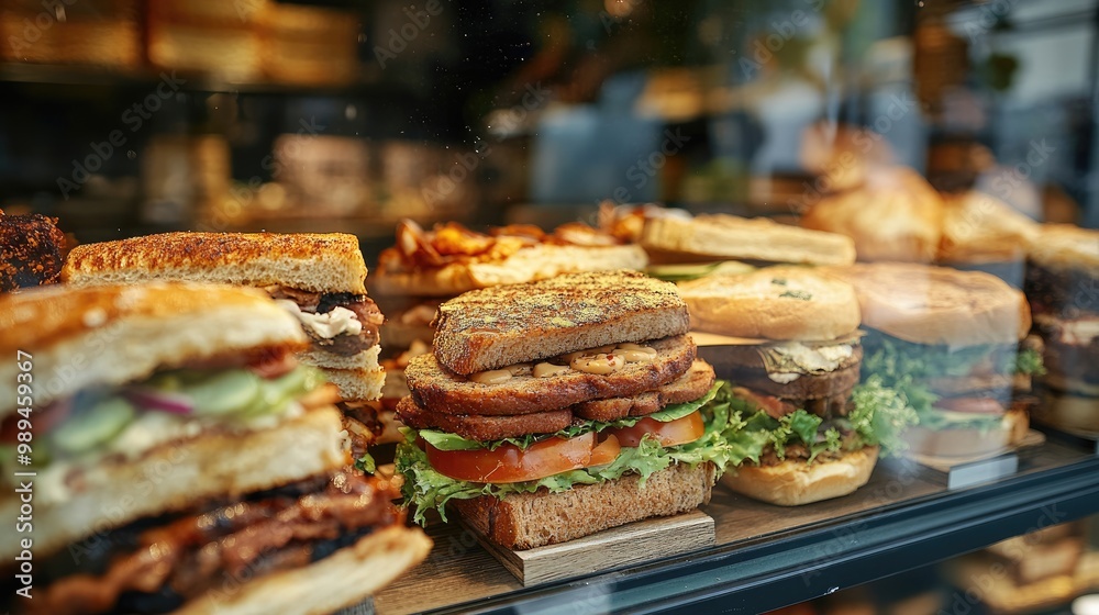 Assortment of delicious sandwiches with different fillings displayed in a store window illustrating the snack and fast food theme Assortment of delicious sandwiches with different fillings displayed in a store window illustrating the snack and fast food theme