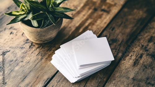 A collection of empty white business cards arranged on a wooden surface next to a small potted plant photo