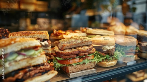 Assortment of delicious sandwiches with different fillings displayed in a store window illustrating the snack and fast food theme