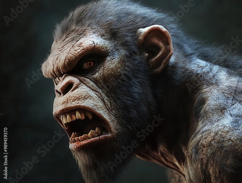 Angry ape head, fierce expression, detailed features, dark background. photo