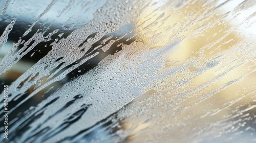 Brush creating white foam streaks on the windshield of a freshly washed vehicle in a car wash photo