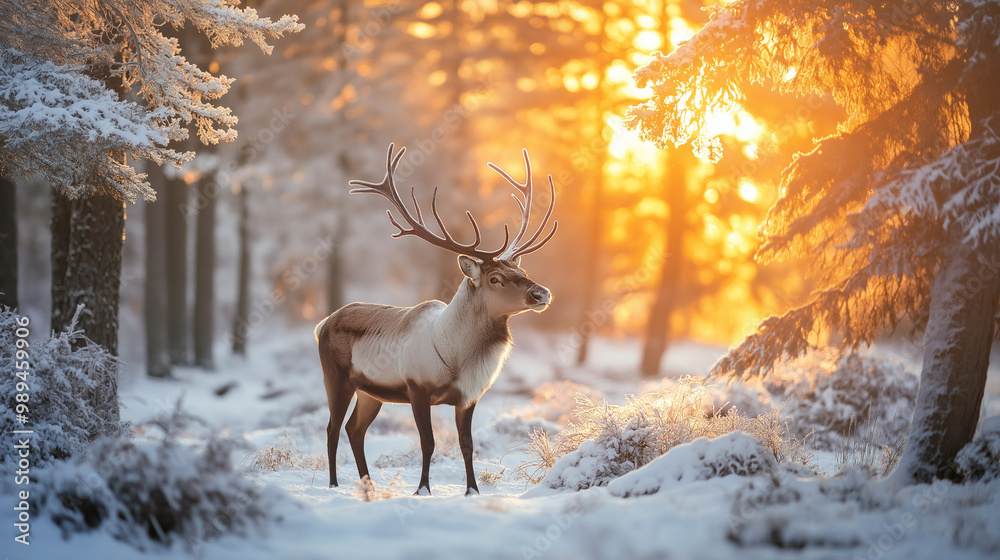 Majestic reindeer standing in a snow-covered forest at sunrise, with golden light streaming through the trees, creating a magical winter scene Majestic reindeer standing in a snow-covered forest at sunrise, with golden light streaming through the trees, creating a magical winter scene