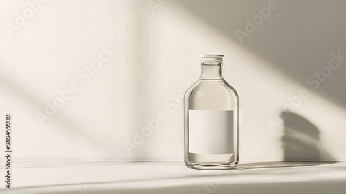 Minimalist aesthetic of a glass bottle with blank label mokup for design and branding concepts