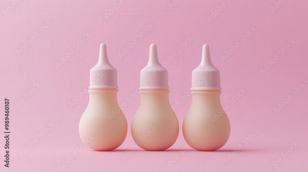A minimalist display of three pastel bottles on a soft pink background, perfect for beauty or lifestyle themes. A minimalist display of three pastel bottles on a soft pink background, perfect for beauty or lifestyle themes.