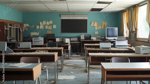 An American classroom with outdated technology and broken desks students struggling to keep up.