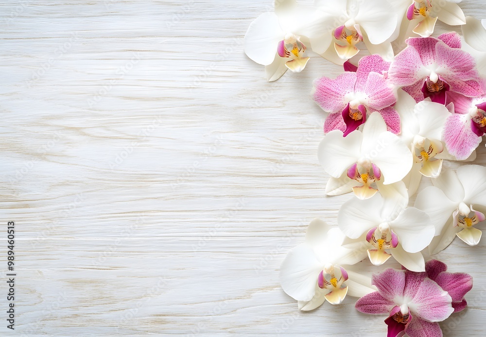 White and Pink Orchids on Wooden Background White and Pink Orchids on Wooden Background