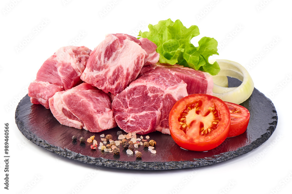 Raw pork pieces, isolated on white background Raw pork pieces, isolated on white background
