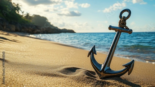 a sturdy anchor resting on a sandy beach, symbolizing stability and grounding