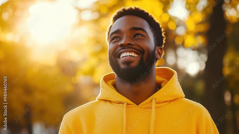 joyful man in vibrant yellow hoodie laughing heartily against sunny backdrop closeup portrait with warm lighting emphasis on genuine expression and radiant energy joyful man in vibrant yellow hoodie laughing heartily against sunny backdrop closeup portrait with warm lighting emphasis on genuine expression and radiant energy