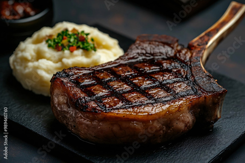 A perfectly grilled tomahawk steak with deep grill marks served alongside creamy mashed potatoes garnished with herbs, presented on a black slate plate for a rich and indulgent dining experienc photo