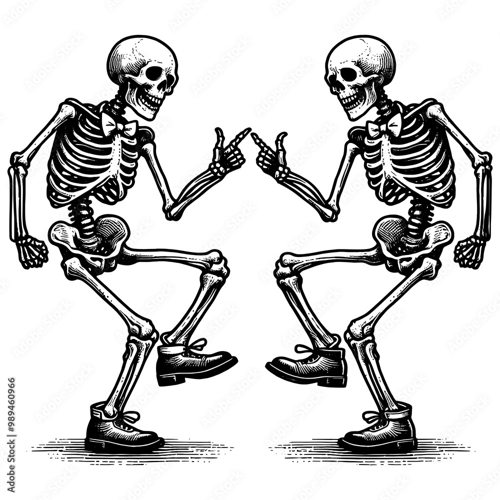 Φωτογραφία two skeletons, dancing and pointing at each other in a playful scene sketch engraving generative ai fictional character PNG illustration
