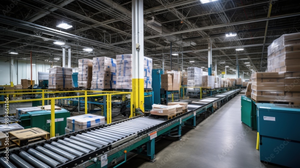 A well-organized industrial warehouse with neat conveyor belts and stacks of packaged goods, showcasing efficiency and order in a large-scale operation. A well-organized industrial warehouse with neat conveyor belts and stacks of packaged goods, showcasing efficiency and order in a large-scale operation.