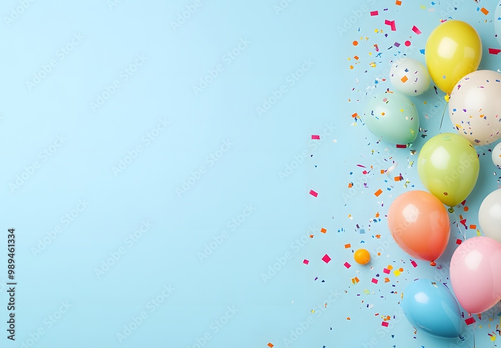 Colorful Balloons & Confetti on Blue Background Colorful Balloons & Confetti on Blue Background