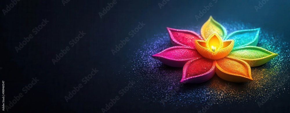 Obraz premium Colorful rangoli patterns digitally enhanced, glowing with light effects for Diwali celebration Rangoli art, Cultural decor