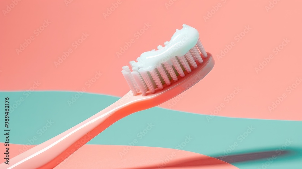 New toothbrush with toothpaste close-up on pastel background New toothbrush with toothpaste close-up on pastel background