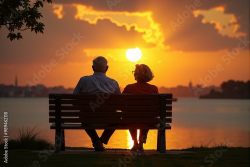 Elderly couple watching the sunset together while sitting on a bench