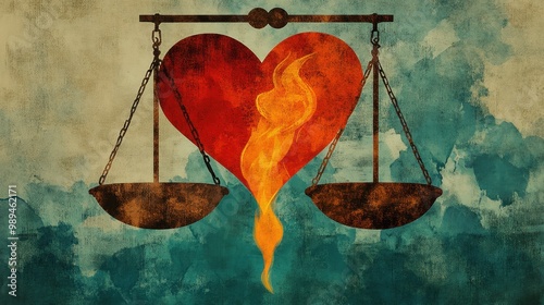 Balancing love and passion with the scales of justice amidst a vibrant blue and orange background