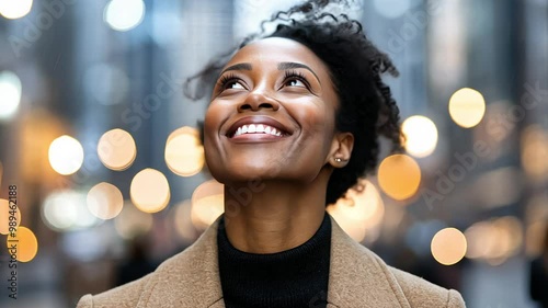 In an evening urban setting, a woman exudes happiness as she walks through a bustling street filled with bright lights and life. Her joyful expression lights up the scene.