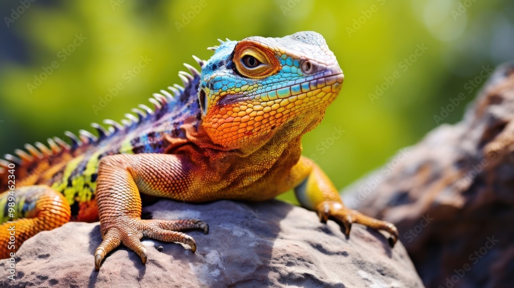 A vibrant lizard, displaying a mix of orange, blue, and green hues, basks on a rock against a blurred, leafy background, capturing the essence of its natural habitat. A vibrant lizard, displaying a mix of orange, blue, and green hues, basks on a rock against a blurred, leafy background, capturing the essence of its natural habitat.