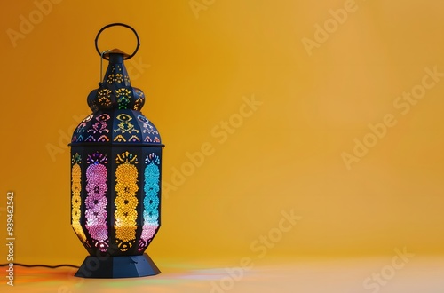 Ramadan Lantern with Colorful Lights on Yellow Background photo