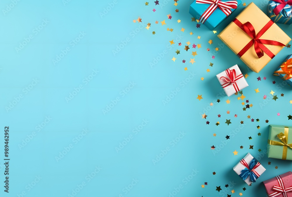 Fototapeta premium Colorful Gift Boxes Party Background With Confetti