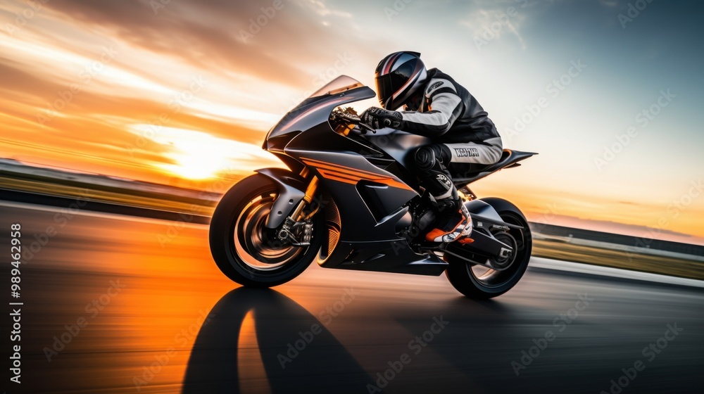 A sleek motorcycle, ridden by a biker in full gear, speeds along a track at sunset, emitting a sense of power, freedom, and adrenaline against the fiery sky. A sleek motorcycle, ridden by a biker in full gear, speeds along a track at sunset, emitting a sense of power, freedom, and adrenaline against the fiery sky.