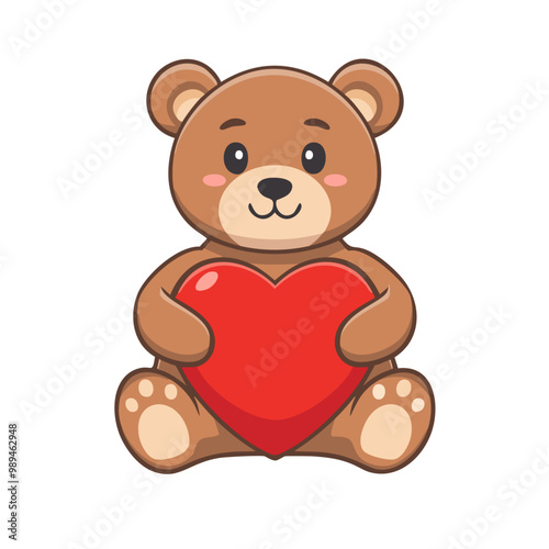 Cute Teddy Bear Holding a Big Red Heart Vector Illustration