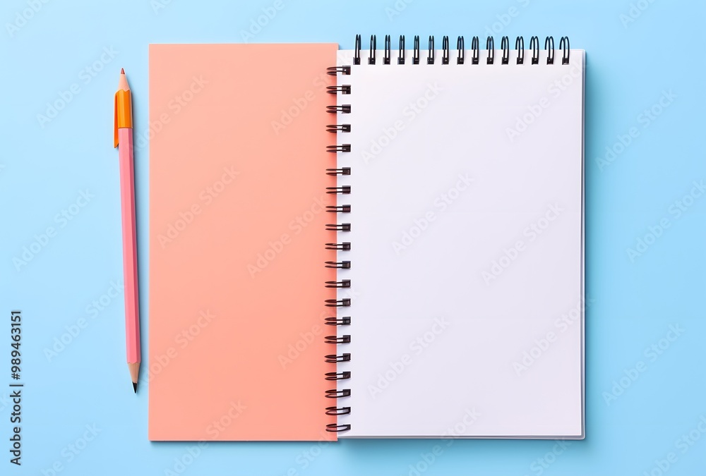 Pastel Blue & Pink Notebook with Pencils on Orange Background Pastel Blue & Pink Notebook with Pencils on Orange Background