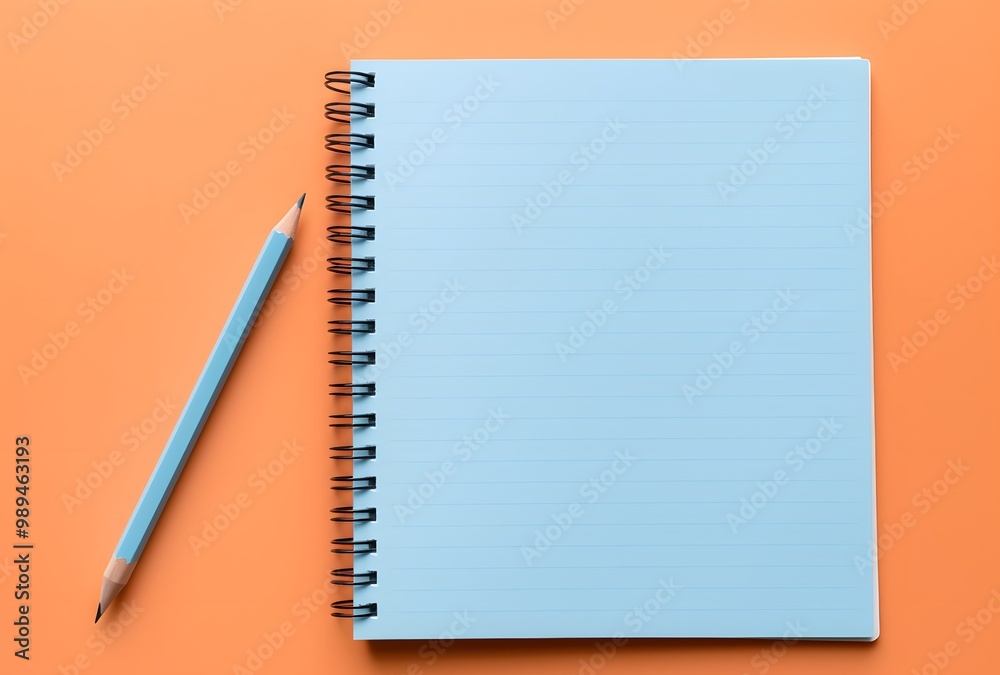 Blue Notebook with Pencil on Orange Background Blue Notebook with Pencil on Orange Background
